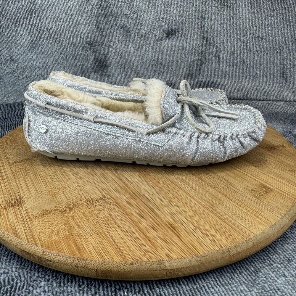UGG Shoes Womens Size 6 Silver Glitter Moccasin Slippers Shearling W 1100178